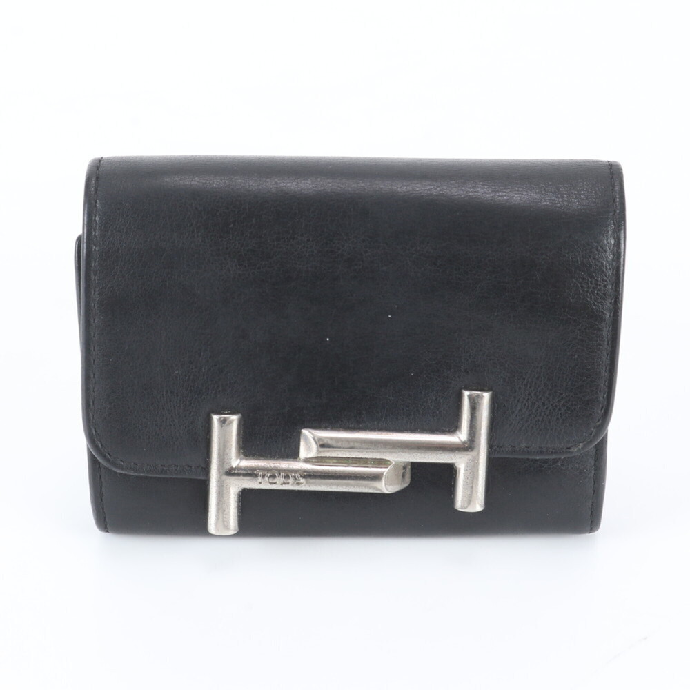 Tod's Double T Leather Bi-fold Wallet, Compact Black with Silver Hardware, Wo...